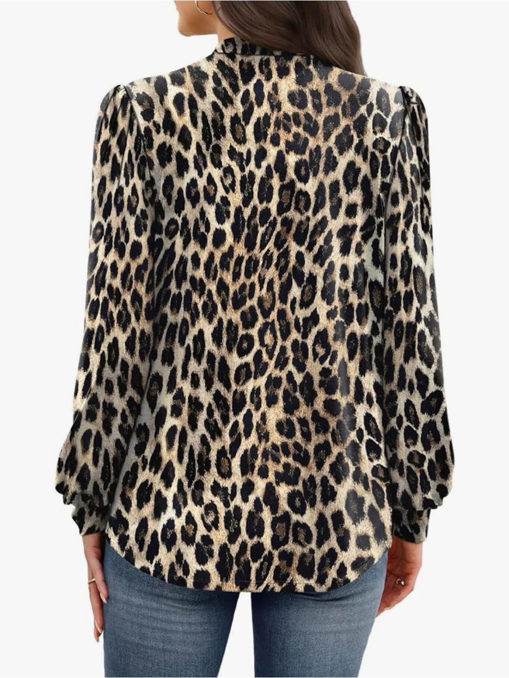 NEW Leopard Print Long-Sleeve Blouse - Beige/Black - Picture 3 of 4